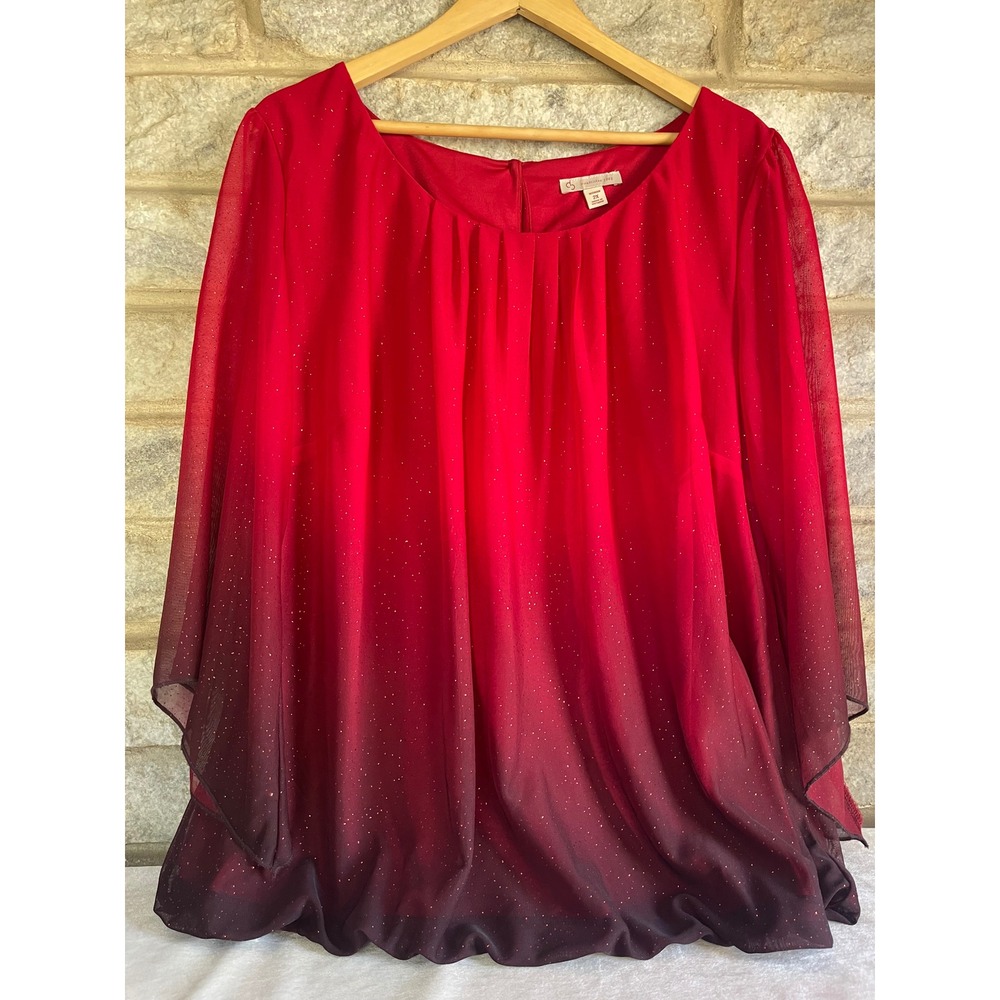 Chaus New York Womens 2X Red Black Ombre Glitter Bubble Hem Blouse Bell Sleeve